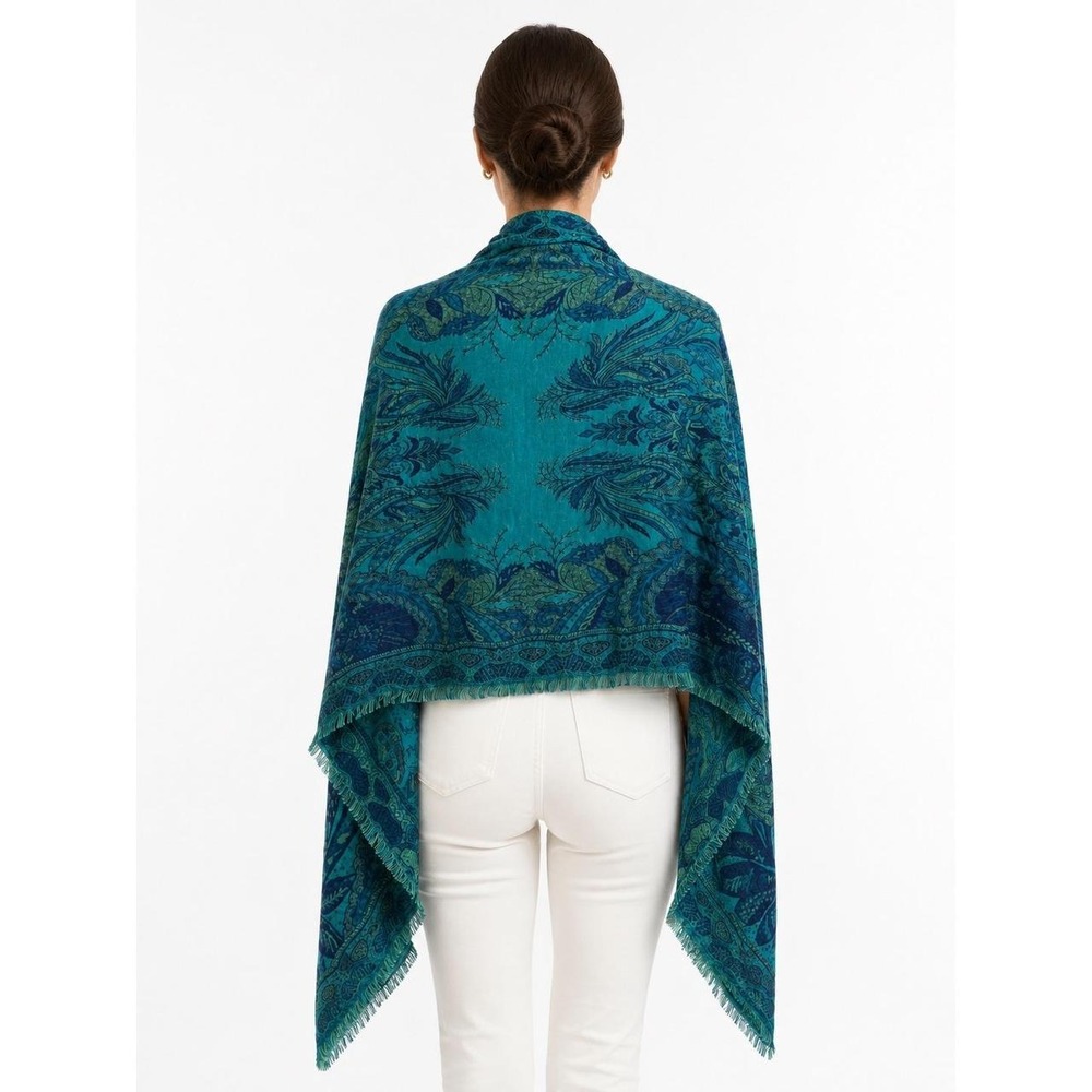 Paisley Shawl Wrap Women OS Teal Green Navy Fringed Excellent Boho Scarf